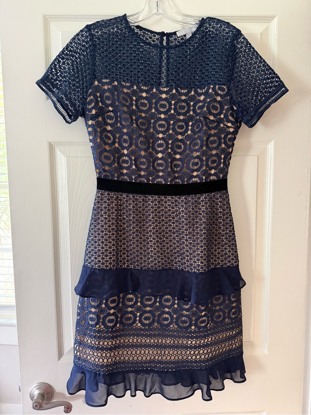 Chelsea28 Navy Lace Overlay Short Sleeve Peplum Dress with Black Velvet Belt
